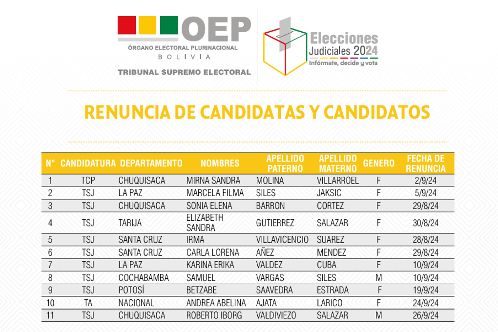 La nómina de los 11 postulantes que renunciaron a las judiciales. La nómina de los 11 postulantes que renunciaron a las judiciales.