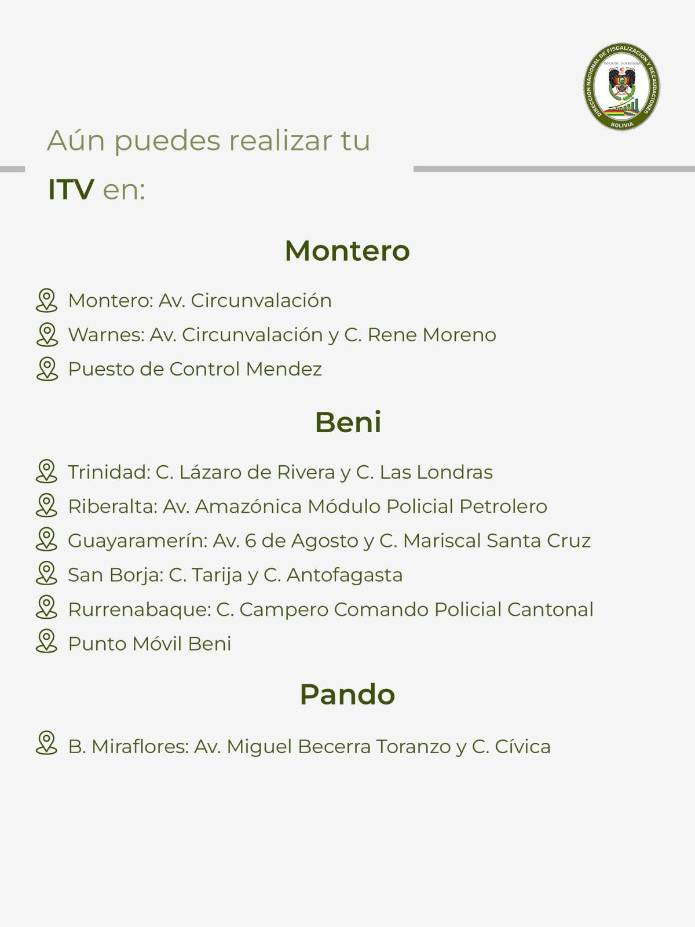 Los puntos de inspección en Montero, Beni y Pando.