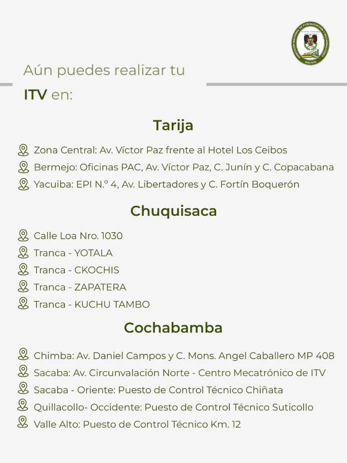 Los puntos de inspección en Tarija, Chuquisaca y Cochabamba.